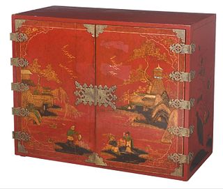 Japanese Export Bronze Mounted Red Lacquer and Parcel Gilt Chest