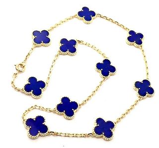 Van Cleef & Arpels 18K Yellow Gold Lapis Lazuli Vintage Alhambra 10 Motif Necklace