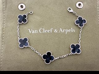 Van Cleef & Arpels 18K White Gold Pietersite Vintage Alhambra 5 Motif Bracelet