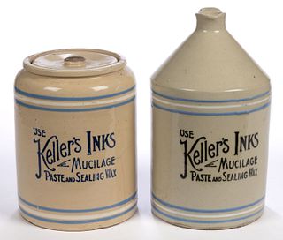 "KELLER'S INKS" ADVERTISING STONEWARE ARTICLES, LOT OF TWO