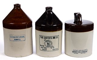 SANFORD'S, CARTER'S, AND RELIANCE INKS AND MUCILAGE ADVERTISING STONEWARE JUGS, LOT OF THREE