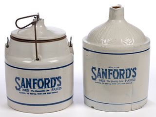 SANFORD'S INKS AND PASTES ADVERTISING STONEWARE ARTICLES, LOT OF TWO