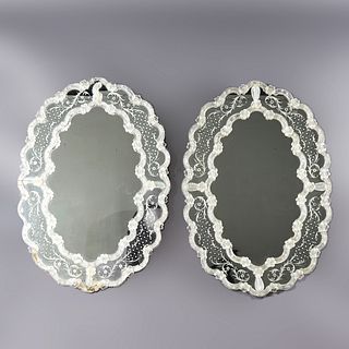 Pair Large Italian Venetian Style Filigree Glass Floral Etched Mirrors 20thC