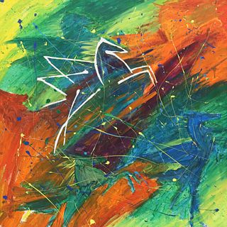 LARGE COLORFUL ABSTRACT PAINTING PEGASUS, 40" X 40"