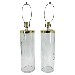 Vintage Pair of Glass & Brass Table Lamps By Chapman, USA 1970's