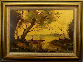 Signed 20th C. Painting, Man Fishing in Pond