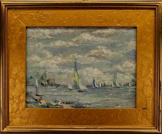 Ota Grigar (born 1910) Coastal Scene w/ Sailboats