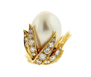 Shaw 18K Gold Pearl Diamond Cocktail Ring