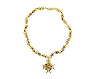 18K Gold Enamel Maltese Cross Pendant Necklace