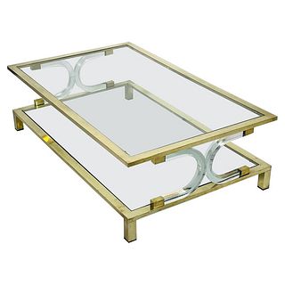Two Tier Lucite & Brass Coffee Table in the Style of Charles Hollis Jones.