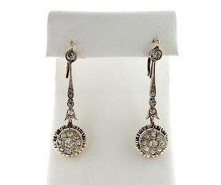 Antique 18K Gold Platinum Diamond Dangle Earrings