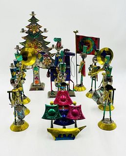 Mexican  Tin Marching Band Soldiers, Candle Holder, Tree 12 Pieces total.