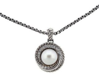 David Yurman Sterling Diamond Pearl Crossover Pendant Necklace