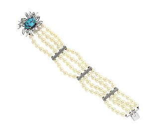 18K Gold Diamond Blue Stone Pearl 4 Strand Bracelet