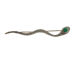 19th Century R Koch Gold Silver Diamond Green Red Stone Snake Brooch