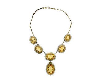 Antique 14K Gold Yellow Stone Pearl Necklace