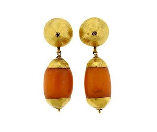 18K Gold Amber Dangle Earrings
