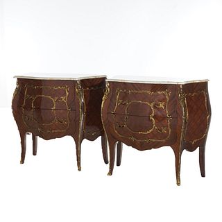 Pair Antique French Louis XIV Parquetry & Ormolu Marble Top Bomb Commodes C1940