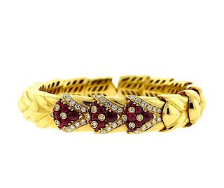 18K Gold Diamond Red Stone Flexible Cuff Bracelet