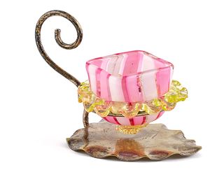 Pink and White Striped Art Glass with Holder