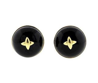 14k Gold Onyx Button Earrings