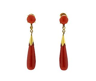 Antique 14k Gold Red Coral Teardrop Earrings