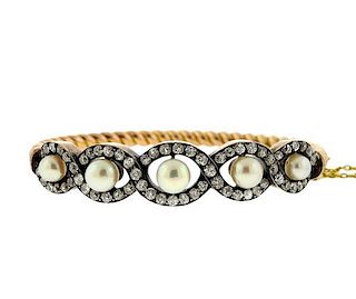 Antique 18K Gold Diamond Pearl Bangle Bracelet