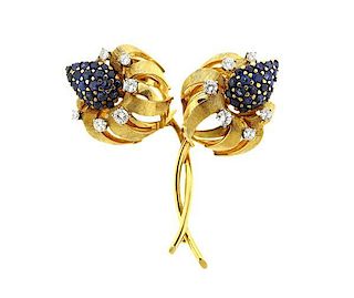 Retro 18K Gold Diamond Blue Stone Flower Brooch Pin