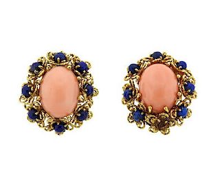 1960s 18k Gold Coral Lapis Earrings