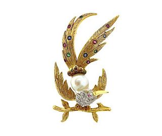 Spitzer &amp; Furman 18K Gold Diamond Pearl Color Stone Bird Brooch