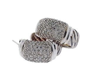 David Yurman 18K Gold Sterling Diamond Hoop Earrings