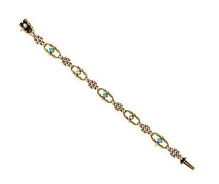 Antique Victorian English 9k Gold Bracelet Pearls Turquoise