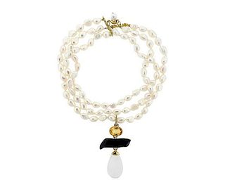 Andrew Clunn Crystal Diamond Coral 18k Gold Pearl Necklace