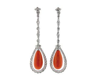 Coral  Diamond Long Drop 18k Gold Earrings