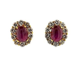 14k Gold Star Ruby Cabochon Diamond Earrings