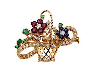 18k Gold Diamond Multi Gemstone Flower Basket Brooch