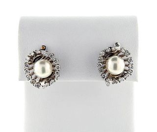Mid Century 14k Gold Diamond Pearl Earrings