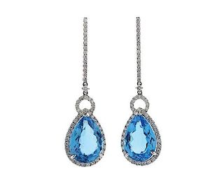 18k Gold Blue Topaz Diamond Long Drop Earrings