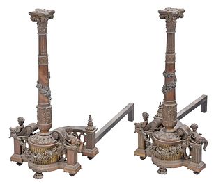 Pair of Monumental Neoclassical Style Bronze Andirons