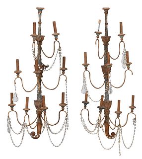 Monumental Pair of Carved Wooden Polychromed Wall Sconces