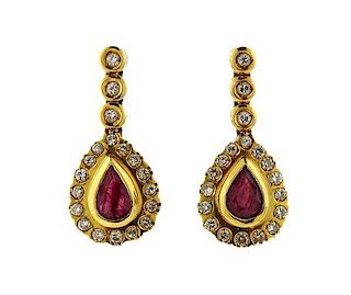 18k Gold Red Stone Diamond Teardrop Earrings