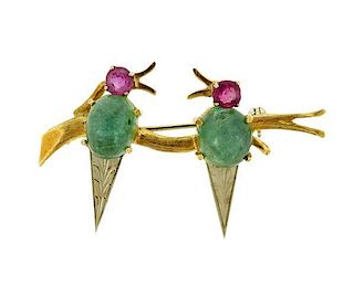 18K Gold Emerald Ruby Birds Motif Brooch Pin