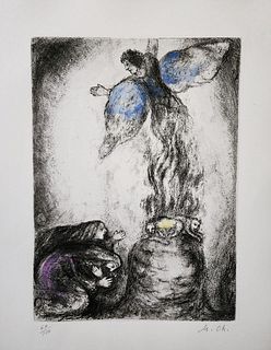 Marc Chagall "Sacrifice of Manoah - 1956" Etching With Watercolor, Signed & Numbered