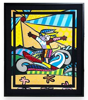 Romero Britto (Brazilian, b.1963) "Surfer Boy" 2008, Giclee on canvas with ruby diamond dust