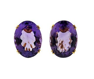 14k Gold Purple Stone Oval Earrings