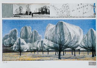 Christo 'Wrapped Trees Horizontal - 1998', Hand signed Offset Lithograph
