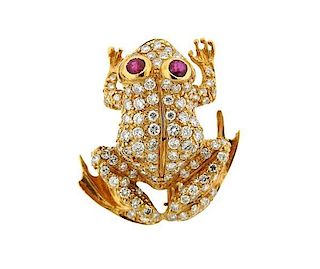 18K Gold Diamond Red Stone Frog Brooch Pin