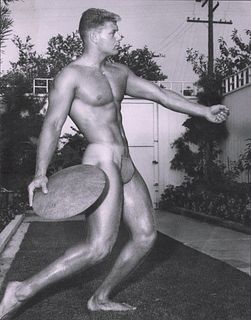 Bruce Bellas of Los Angeles Young man in posing pouch, 1950 - 7.5"x9.5"