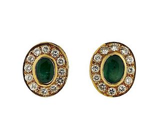 18K Gold Diamond Green Stone Oval Earrings