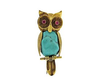 German 14K Gold Turquoise Pink Stone Owl Brooch Pin